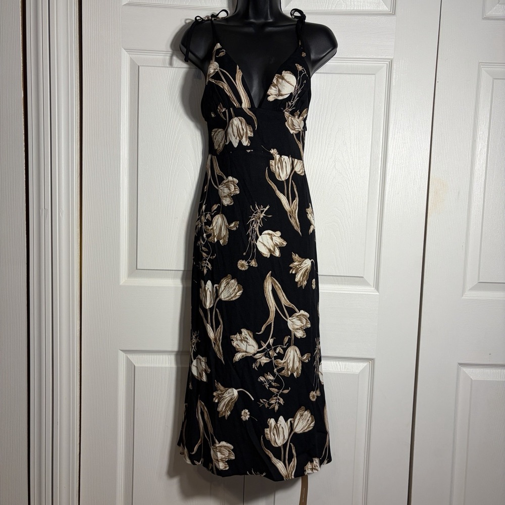 Reformation Talita Dress Women 4 Black Tan Large Floral Smocked Tie Strap Midi